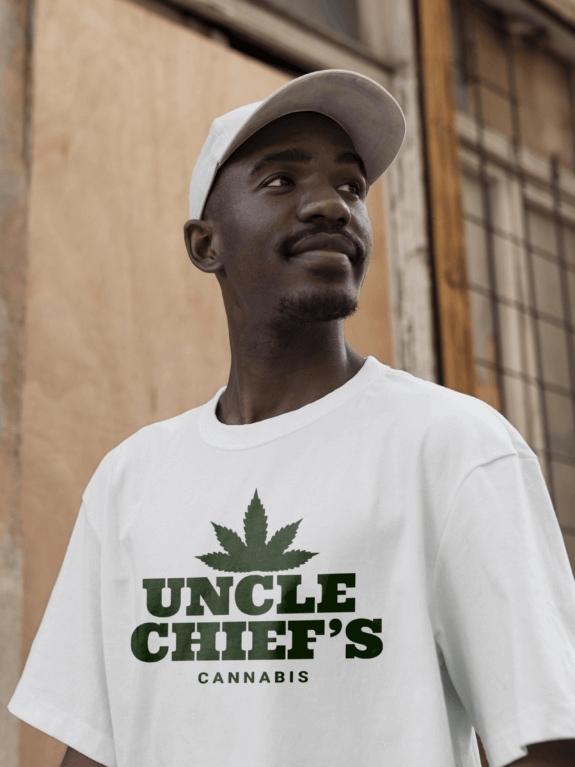 Uncle Chiefs Black Model with White Logo Tee Close-Up